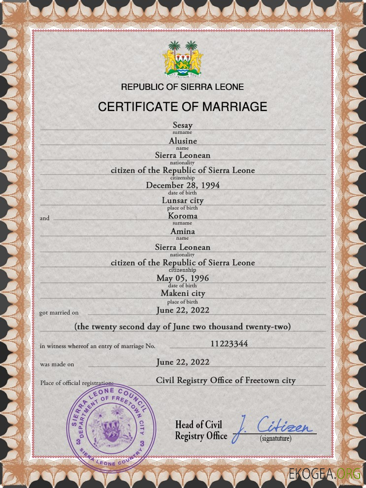 Modèle PSD de certificat de mariage en Sierra Leone